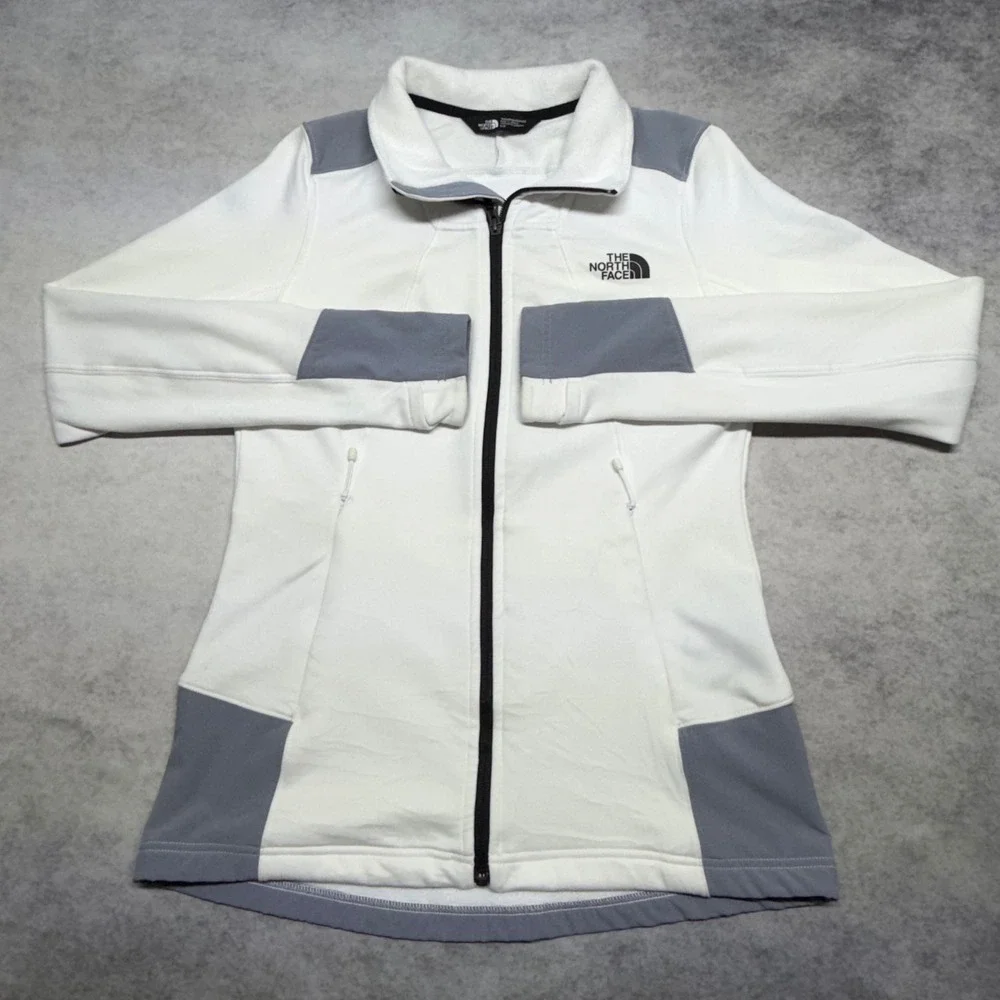 The North Face Full Zip Fleece Jacket Womens Small White Grey Hiking Jacket